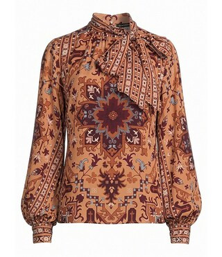 Printed Tie Neck Long Sleeve Coordinating Woven Top | Dillard's