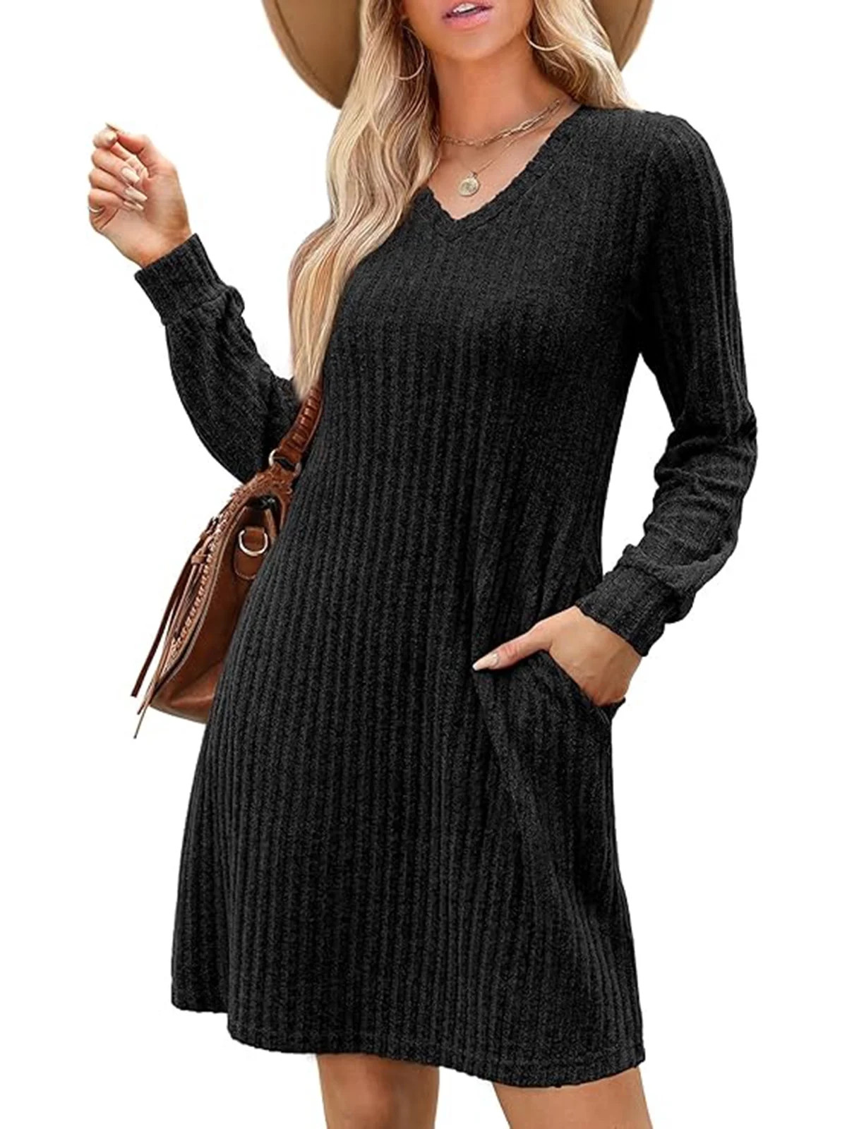 SIEANE Womens Long Sleeve Sweater Dresses V Neck Casual Fall Dresses With Pockets S-XXL | Walmart (US)