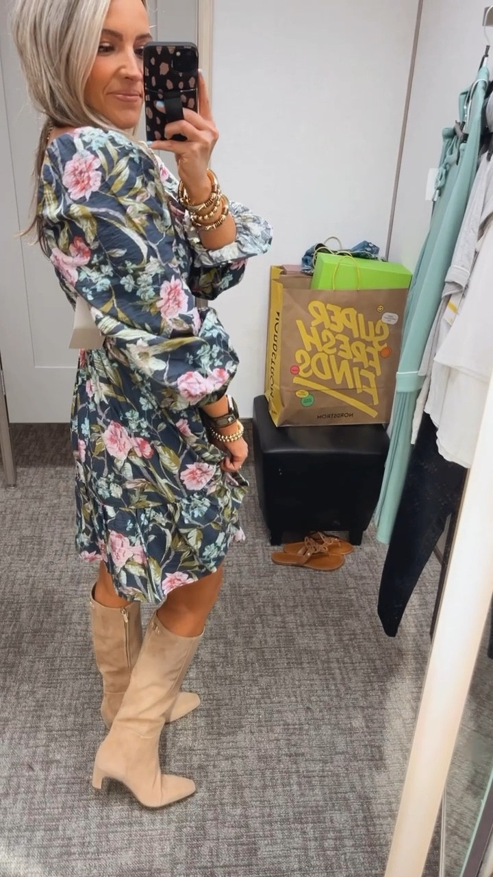 This dress is one of my fav finds! Perfect fall wedding guest dress, fall family photos or church on Sunday. Size down, runs large. I’m wearing xs. Boots are such a comfortable fit & heel height. Size down 1/2, runs large 

#LTKxNSale #LTKSaleAlert #LTKSummerSales