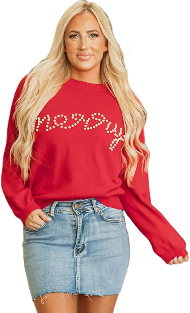 Blackish Green Pearl Beaded Merry Casual Sweater Fiery Red/M / 52% Viscose+26% Polyester+22% Poly... | Amazon (US)
