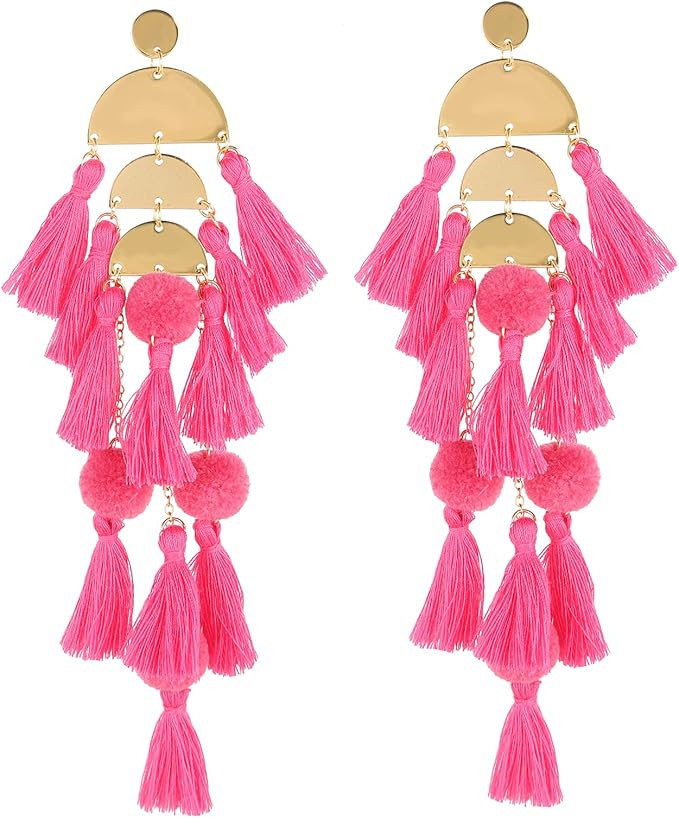 Long Tassel Earrings for Women - Colorful Large Statement Earrings Bohemian Earrings Hawaiian Sum... | Amazon (US)
