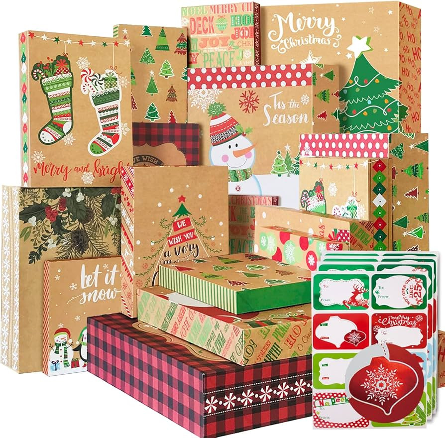 12 Kraft Christmas Gift Boxes with Lids for wrapping Large Clothes and 80 Foil Christmas Gift Sti... | Amazon (US)