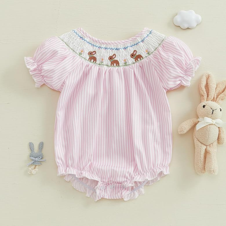 Easter Baby Girl Outfit Bunny Embroidery Bubble Romper Puff Short Sleeve Smocked Bodysuit Newborn... | Amazon (US)