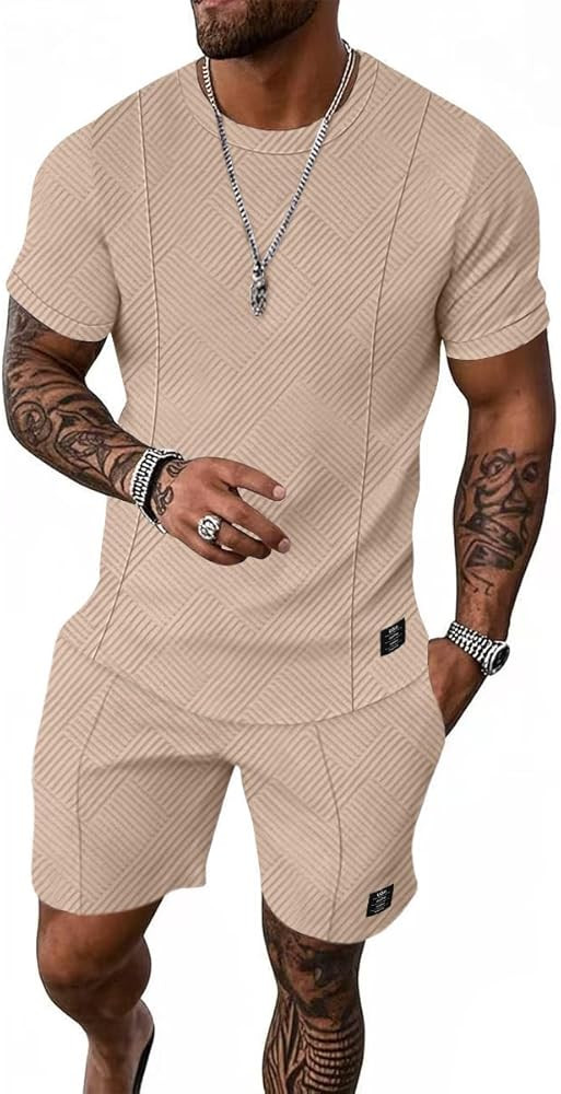UOUA Mens Short Sets 2 Piece Summer Outfits Casual Short Sleeve Crew-Neck Shirts & Shorts Track S... | Amazon (US)