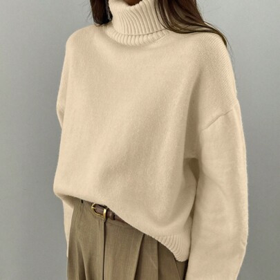 Women Casual Solid Color High Neck Dropped Shoulder Sweater, Suitable For Autumn/Winter | SHEIN