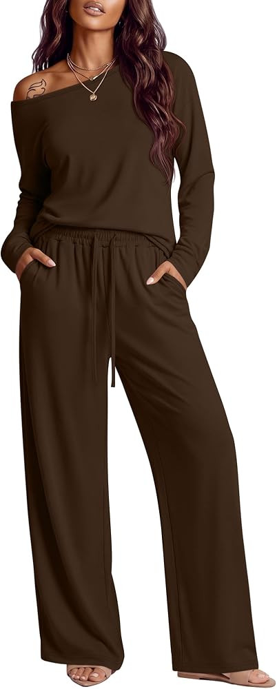 Locoowai Women's 2 Piece Lounge Sets Fall Outfits off Shoulder Long Sleeve Tops and Wide Leg Pant... | Amazon (US)