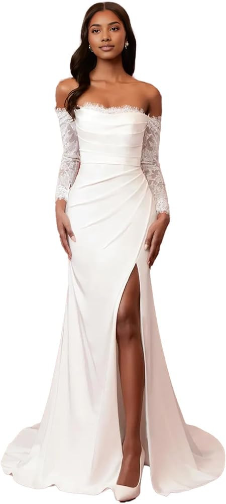 Mermaid Beach Wedding Dress for Woman 2025 Lace Chapel Train Crepe Back Satin Long Sleeve Bride G... | Amazon (US)