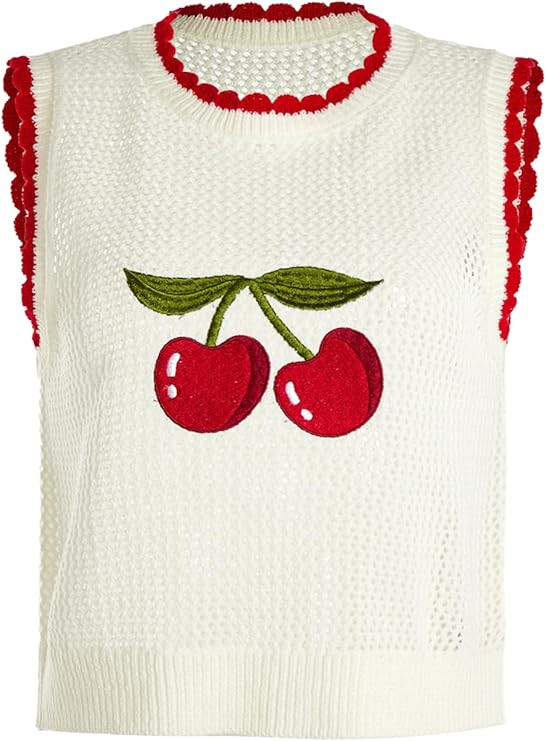 Verdusa Women's Y2K Crochet Hollow Out Cherry Print Tank Tops Contrast Trim Sleeveless Tops White... | Amazon (US)