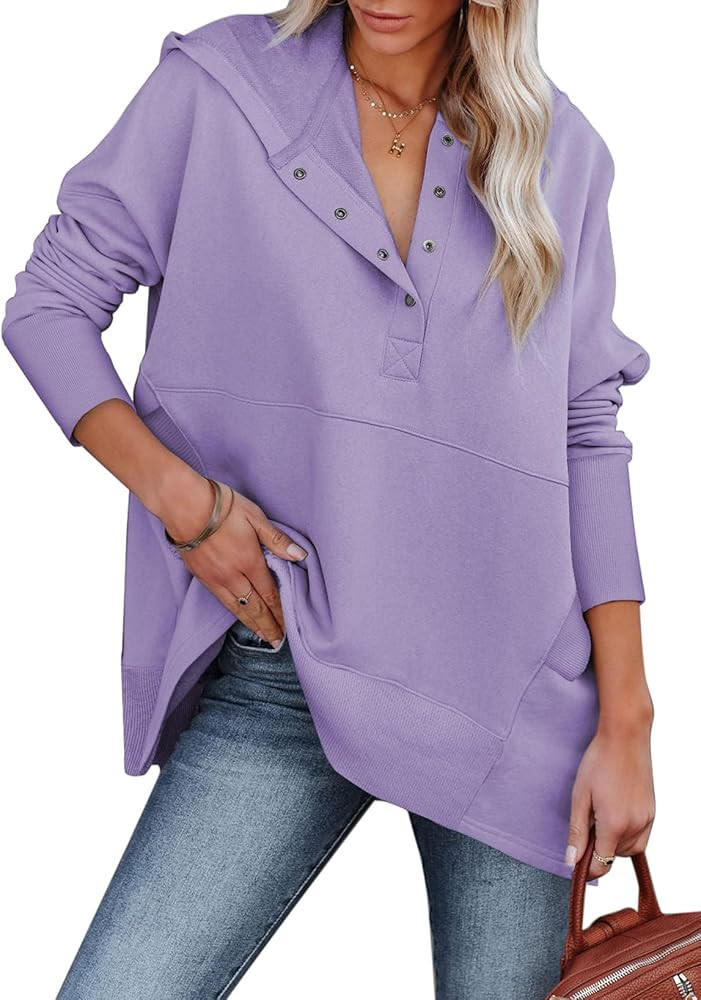 EVALESS Womens Oversized Long Sleeve Hoodies Casual Loose Button Sweatshirts with Pockets | Amazon (US)