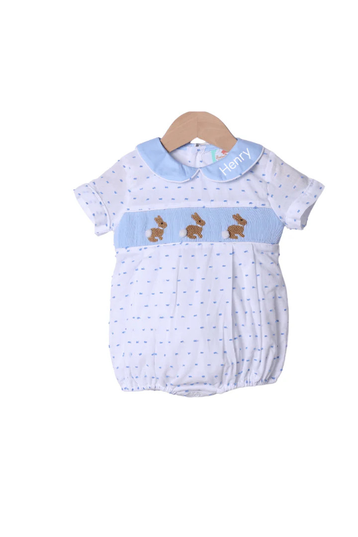 Smocked Blue Swiss Dot Bunny Bubble | The Smocked Flamingo