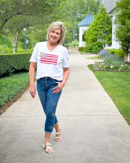 Graphic Tee Size 1 | Embellished Jeans Size .5 | Braided Sandals | Memorial Day Outfit | July 4th outfit idea | patriotic outfit 

#LTKStyleTip #LTKSeasonal #LTKOver40