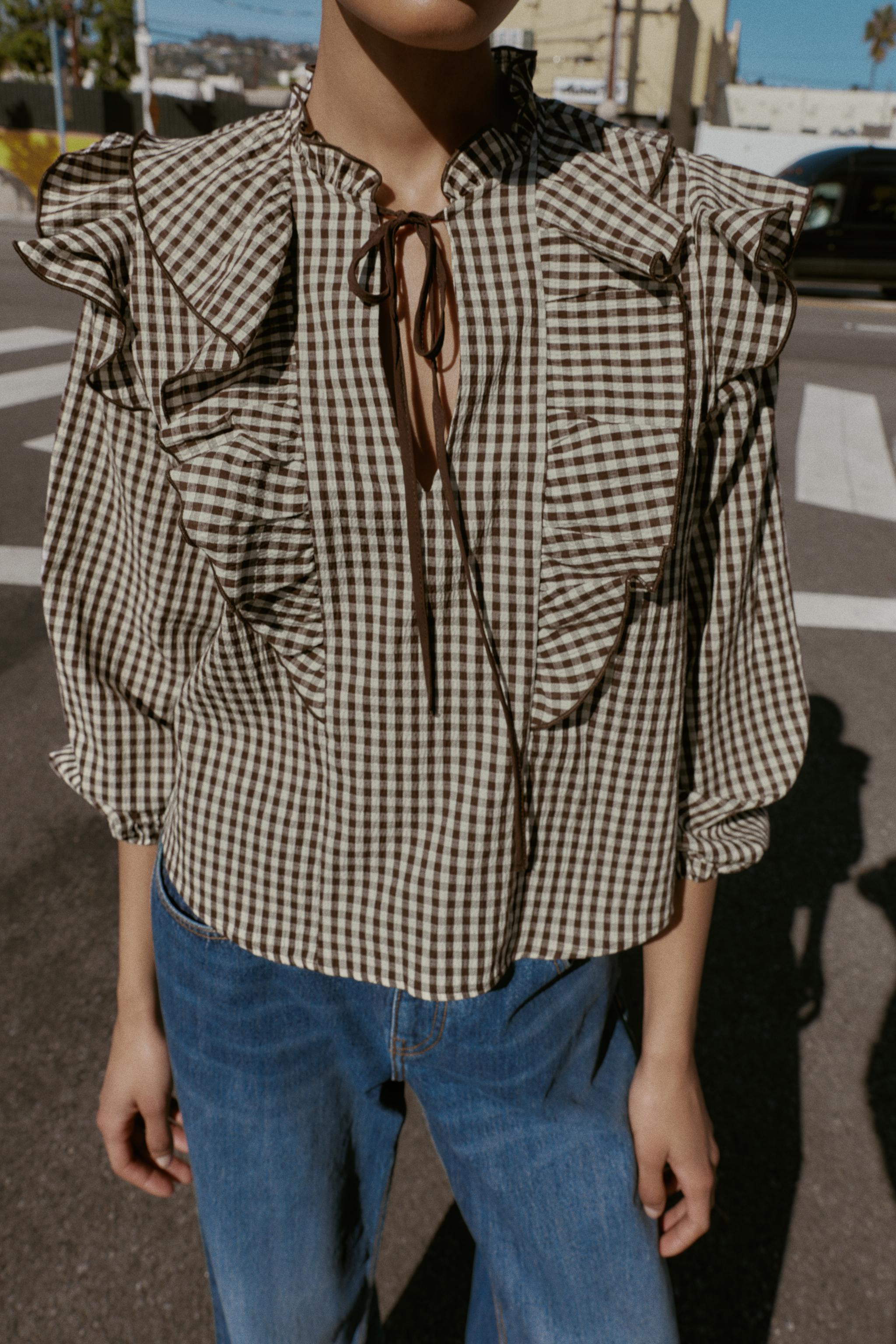 GINGHAM RUFFLE BLOUSE | Zara US