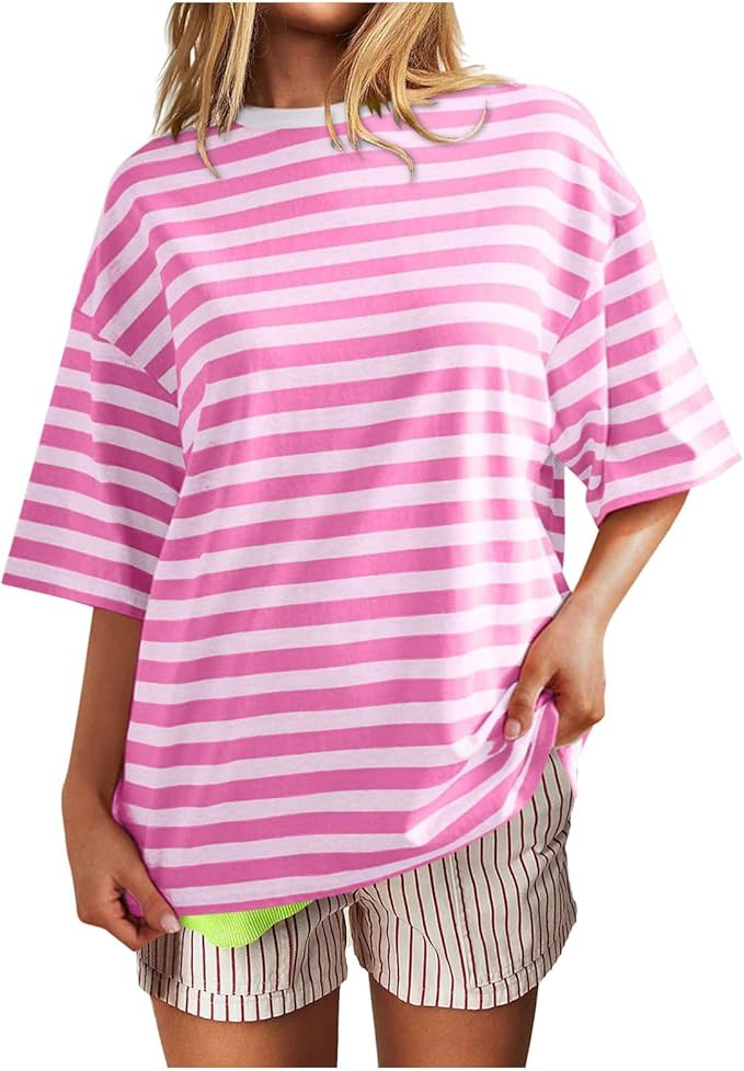 Women's T-Shirts Oversized Striped Short Sleeve T Shirts Color Block Crew Neck Basic Shirt Casual... | Amazon (US)