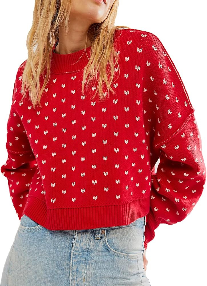 Women's Cropped Sweater Long Sleeve Polka Dots Crewneck Knit Casual Soft Pullover Sweater Top | Amazon (US)