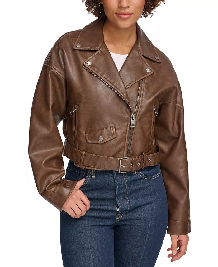 Women's Cropped Belted Moto Jacket | Macy's