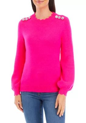 Petite Button Shoulder Crew Neck Sweater | Belk