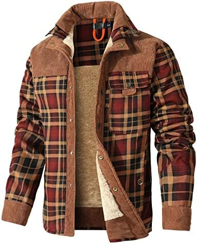 HYPESTFIT Men's Corduroy Plaid Sherpa Lined Flannel Shirt Jacket Fleece Coat | Amazon (US)