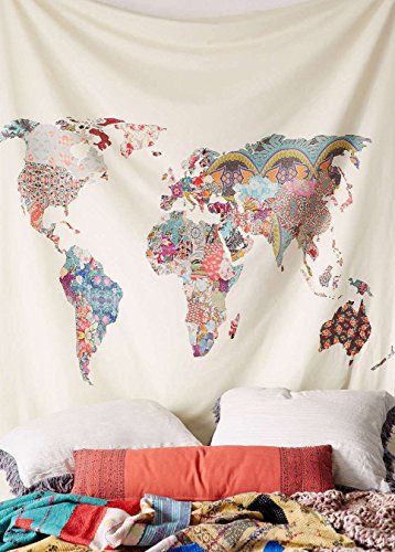 Floral World Map Tapestry Headboard Wall Art Bedspread Dorm Tapestry,60"x 60",Twin | Amazon (US)