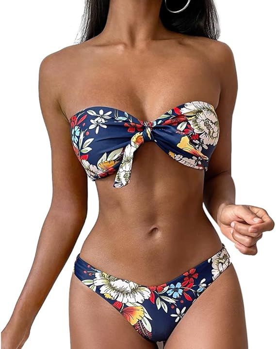 Amazon.com: ZAFUL Women's Floral Print Bandeau Bikini Set High Cut Strapless Knot Front Swimsuit ... | Amazon (US)