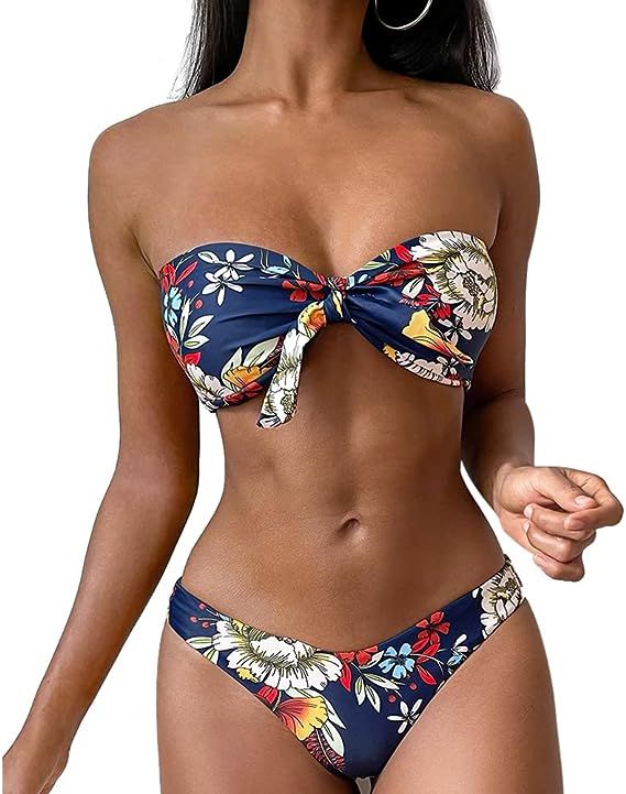 Amazon.com: ZAFUL Women's Floral Print Bandeau Bikini Set High Cut Strapless Knot Front Swimsuit ... | Amazon (US)