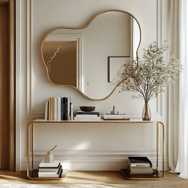 An irregular-shaped mirror instantly becomes the statement piece your space was missing. The sculpted silhouette and gold frame catch the light beautifully, transforming a simple wall into an eye-catching moment of quiet luxury. A perfect blend of art and function. #QuietLuxuryHome
#ModernInteriors
#GoldAccents
#MirrorDecor #IrregularMirror
#OrganicShape
#WallMirrorInspo
#EntrywayDecor 

 #LTKHoliday #LTKHome