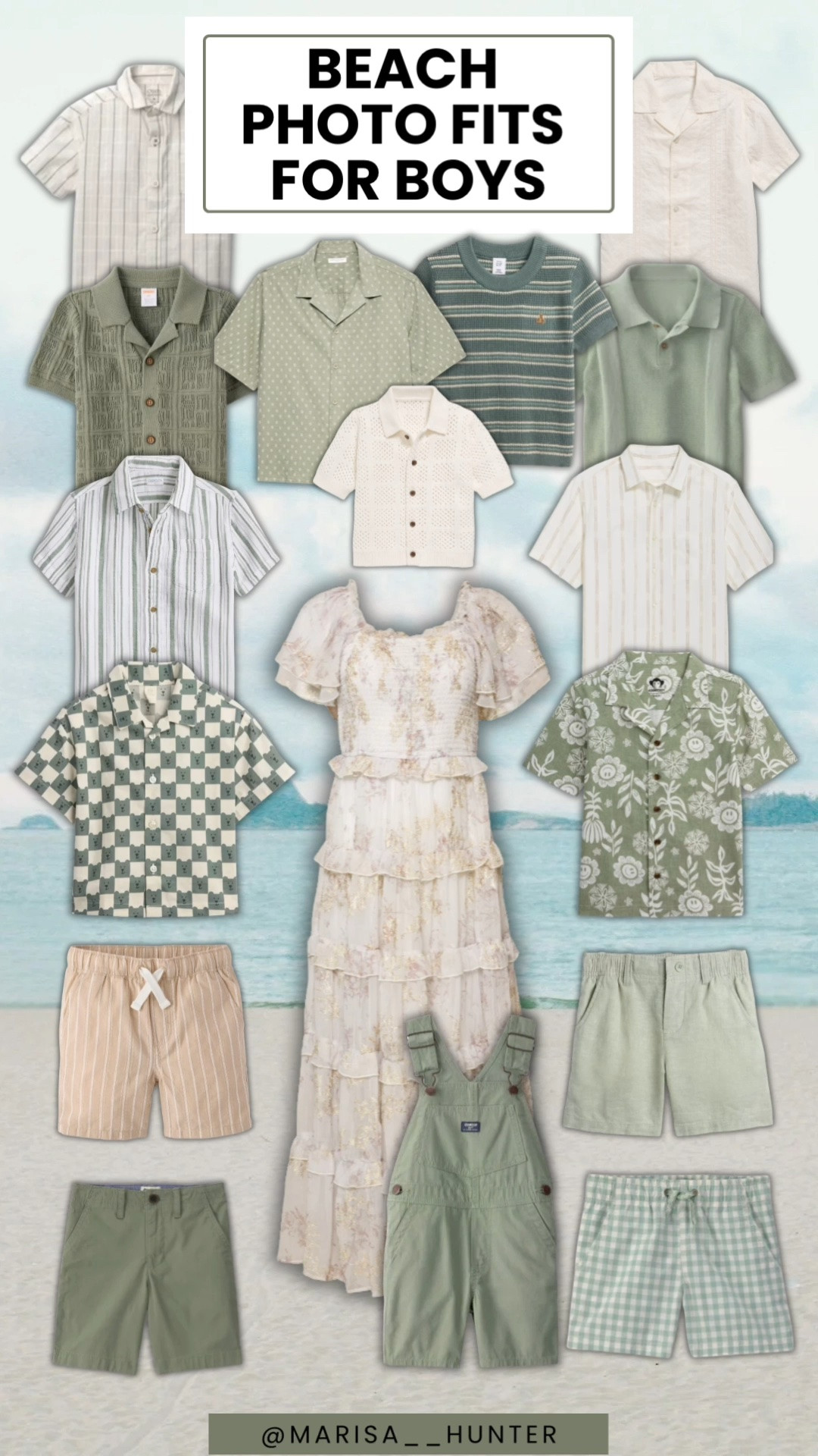 Boys family beach photo outfits 🏝️

Family coordinating beach picture outfits button down shirt linen olive green overalls chiffon dress what boys wear mom style ootd 

#ltkfamily

#LTKKids #LTKootd #LTKmomlife