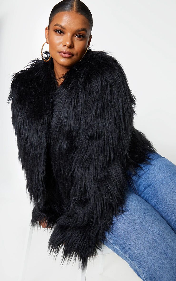 Plus Black Faux Fur Shaggy Cropped Jacket | PrettyLittleThing US