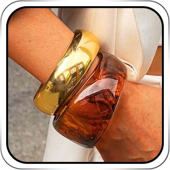 ACEDRE Chunky Resin Bangle Bracelet Set Gold Round Acrylic Wide Wristbands Statement 2PCS Jewelry... | Amazon (US)