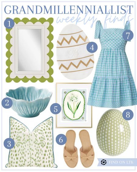 Grandmillennial home decor spring finds mirror floral bowls artwork Easter egg Les Touches pillow marble cutting board Saks Williams Sonoma Nordstrom Oomph Easter dress blue and green

#LTKstyletip #LTKSeasonal #LTKhome