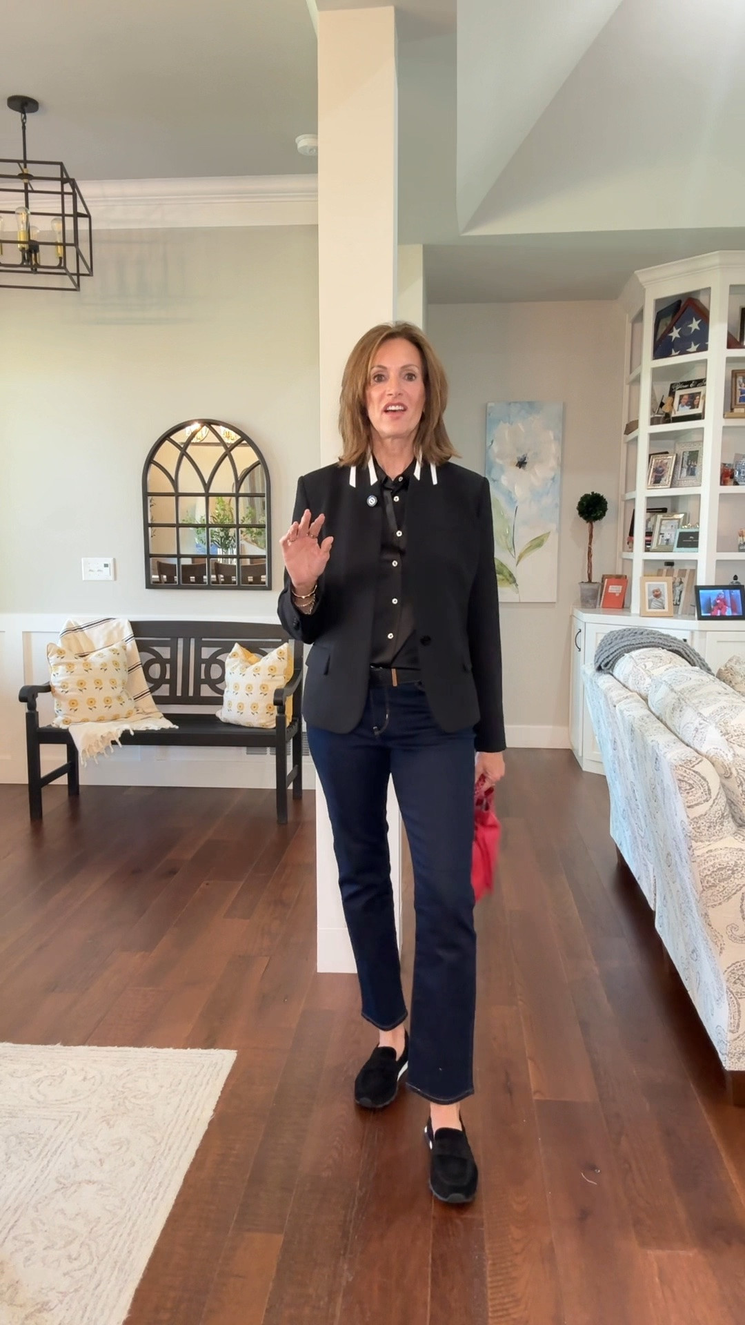 Satin rhinestone cuff top / medium 
Blazer - size 10 
Straight Jeans with stretch / size 8 regular 

Fall style

#LTKMidsize #LTKSaleAlert #LTKWorkwear