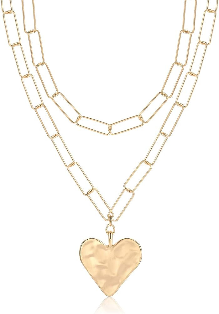 YAHPERN Layered Rectangle Paper Clip Chain Link Choker Statement Hammered Heart Pendant Necklace ... | Amazon (US)
