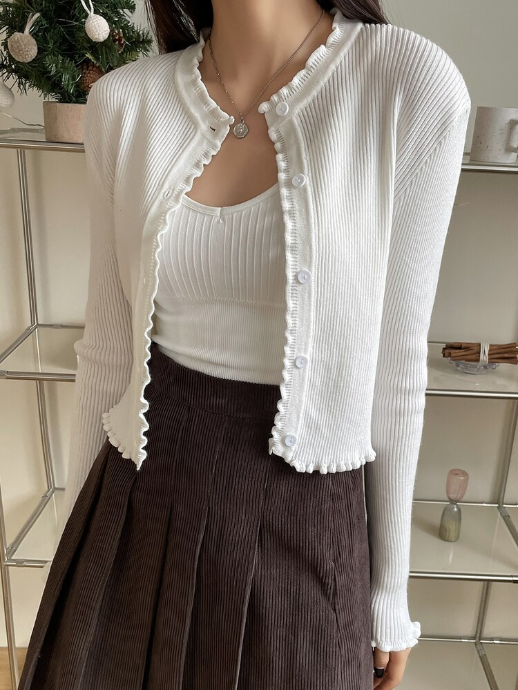 DAZY Lettuce Trim Ribbed Knit Button Front Cardigan | SHEIN