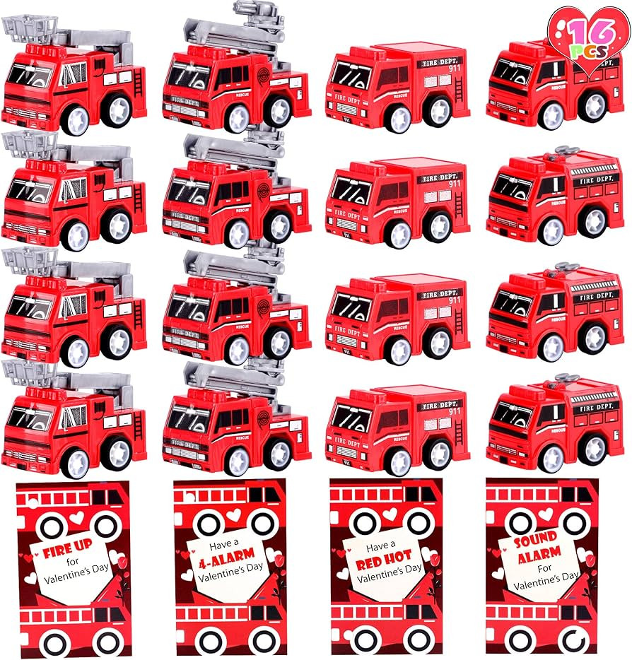 FiGoal Valentine’s Day Gifts for Kids Classroom 16 PCS Pull Back Fire Trucks and 30 Valentines ... | Amazon (US)