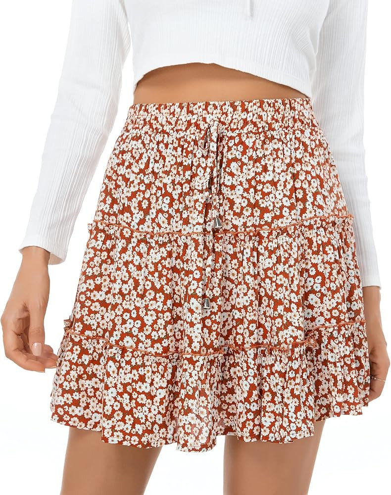 Dokuritu Women's Floral Flowy Skirt, Hight Waist Tiered Ruffle Mini Skirt with Drawstring | Amazon (US)