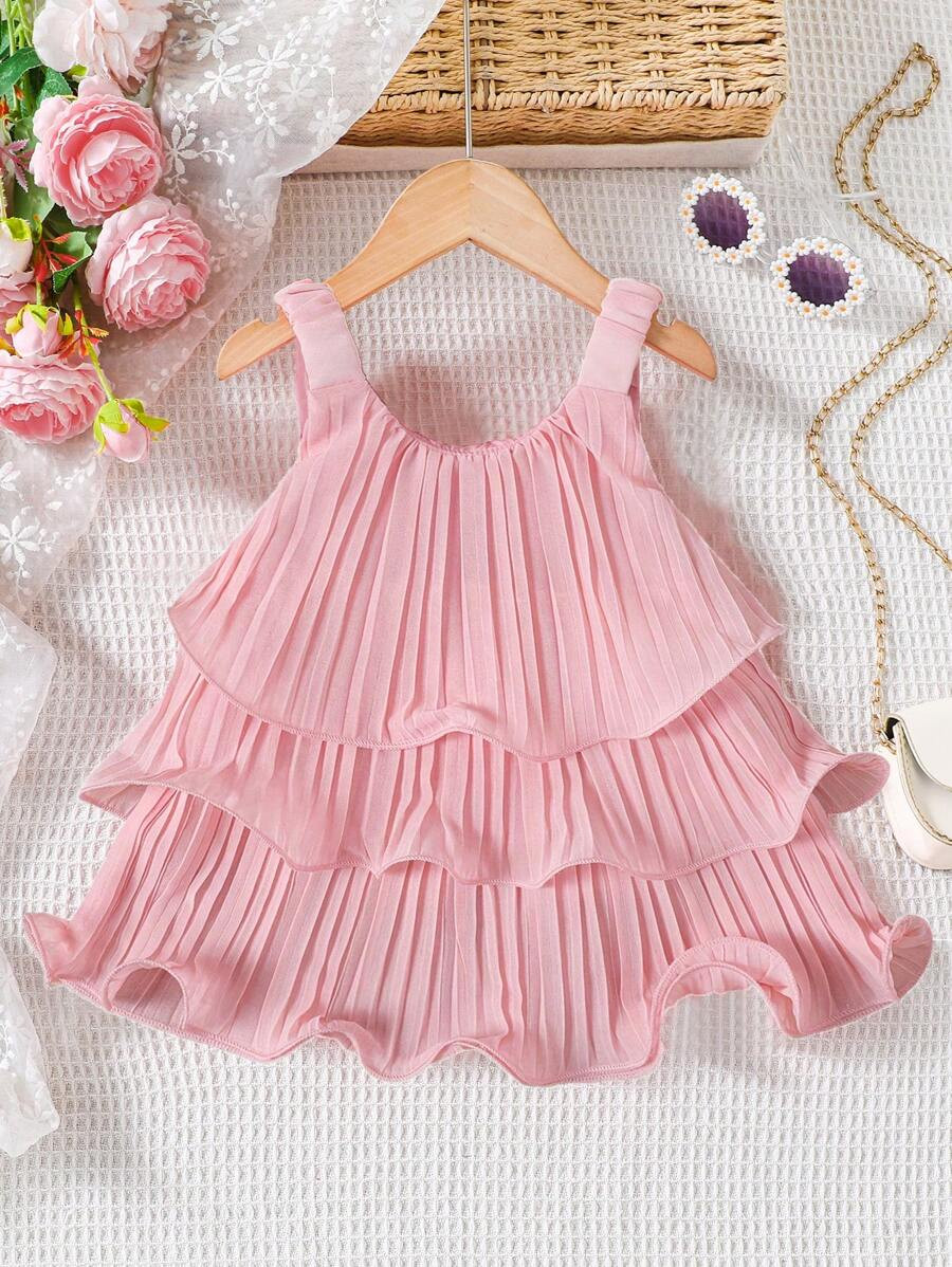 Summer Baby Girls' Sleeveless Ruffle Cake Dress, Solid Color Suspender Design | SHEIN