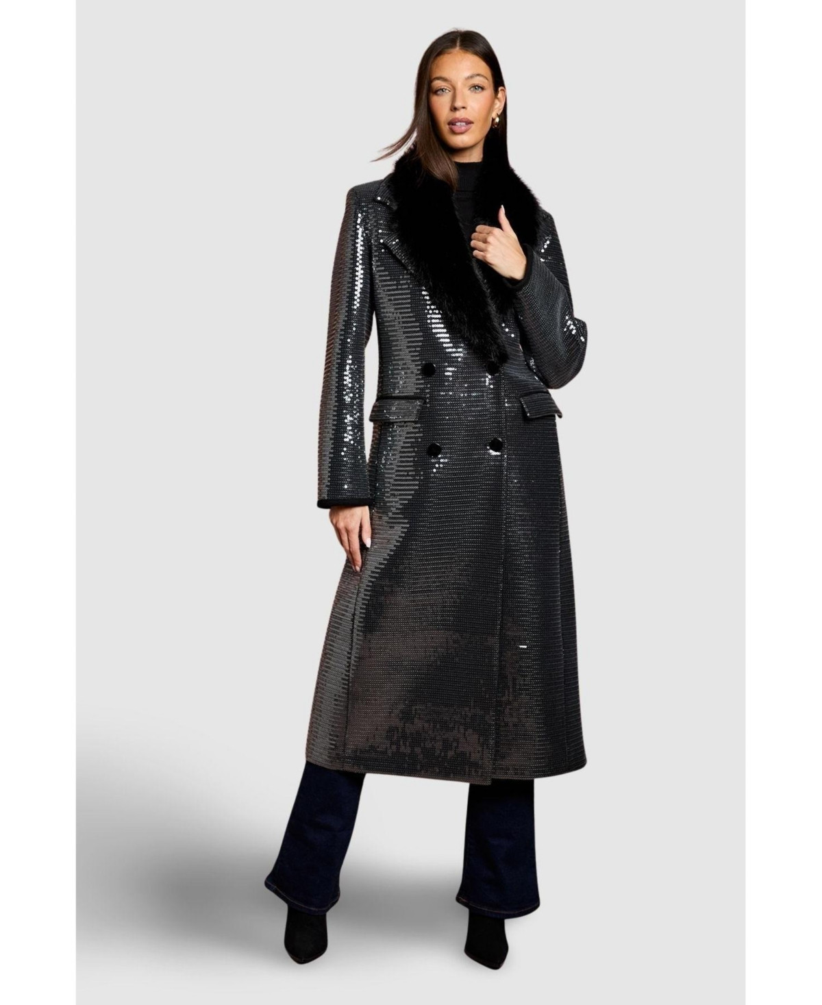 Coast Women's Faux Fur Collar Sequin Longline Coat - Black | Macy's