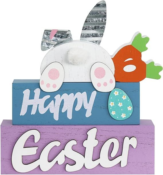 Easter Decorations, MEETYAMOR 3-Layered Easter Bunny with Carrots Farmhouse Wood Block Easter Dec... | Amazon (US)