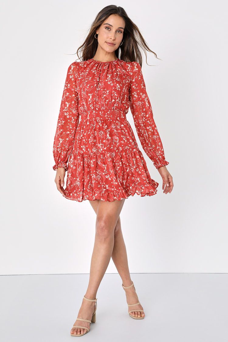Too Cute Rust Red Floral Print Smocked Long Sleeve Mini Dress | Lulus (US)