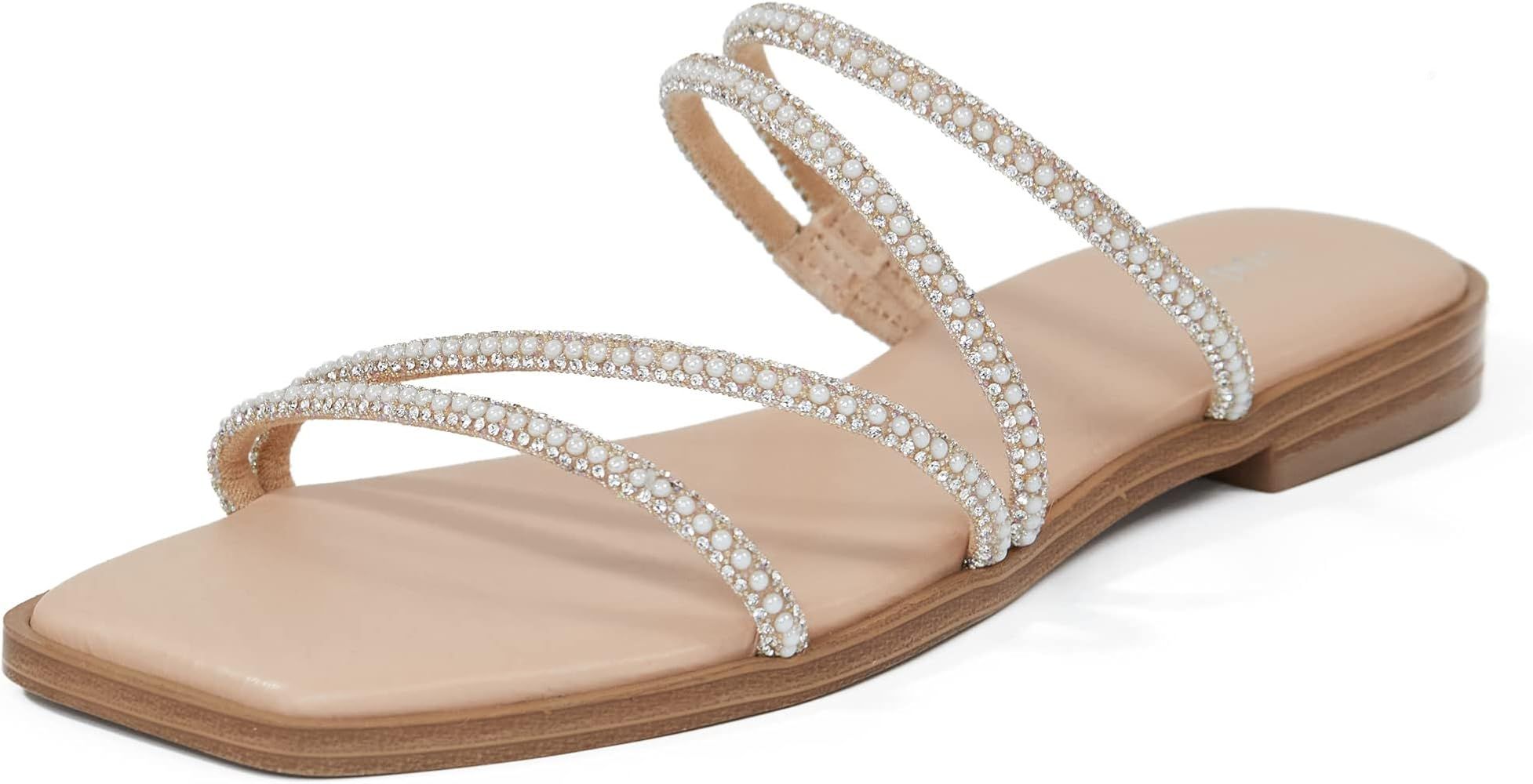 vodvob Women's Rhinestone Flat Sandals Slip on Memory Foam Sandals Open Toe Slide Sandals | Amazon (US)