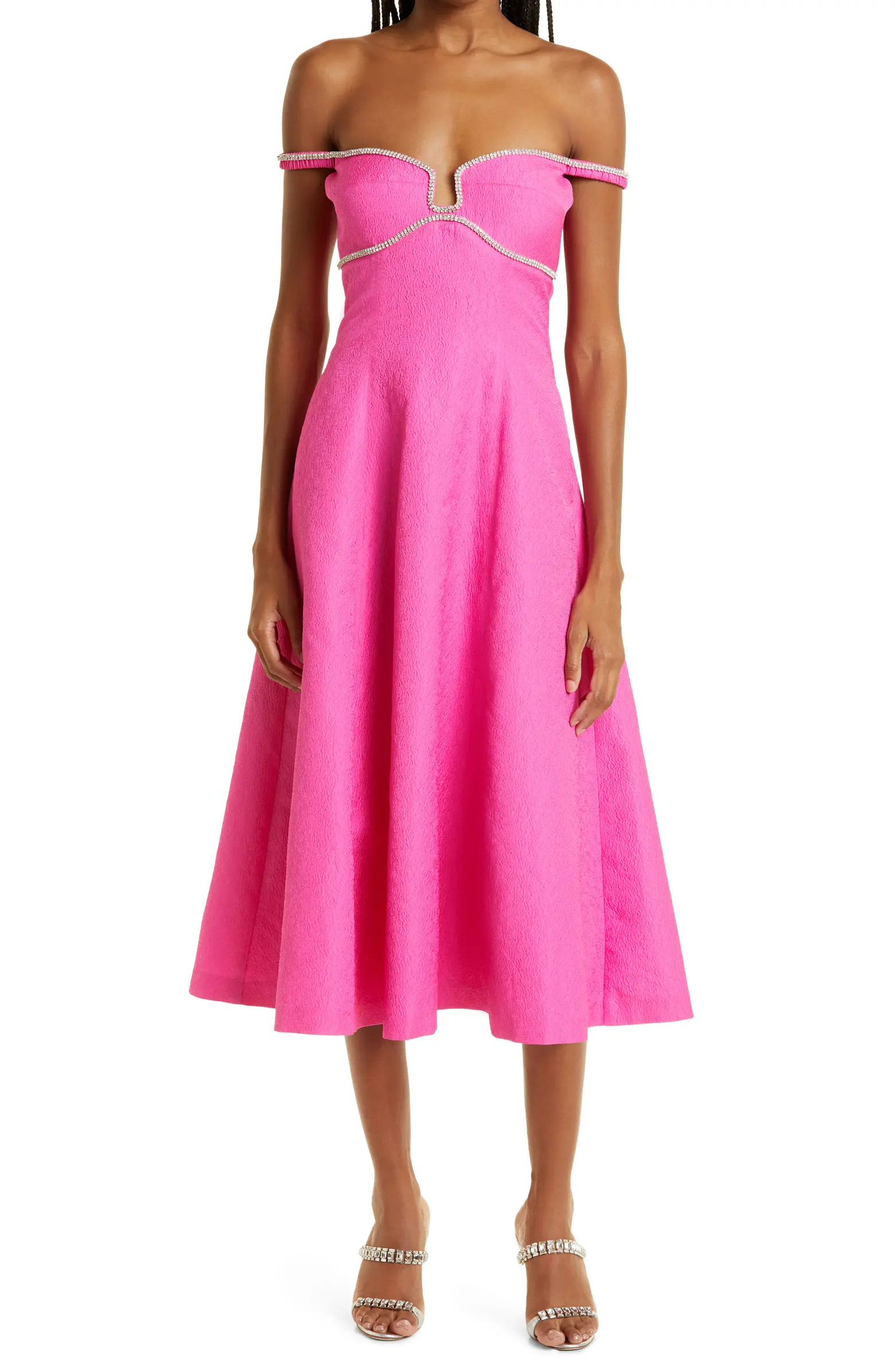 Off The Shoulder Diamanté Trim Textured Midi Dress | Nordstrom