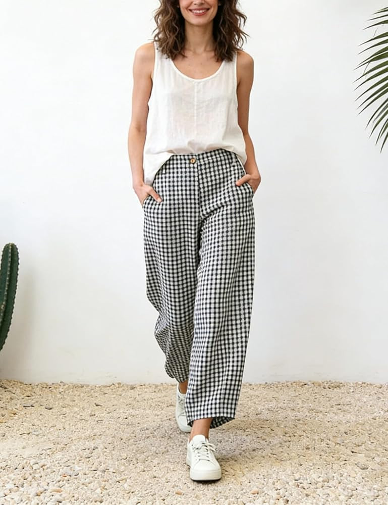 MINSURE Women's Cotton Gingham Pants Wide Leg Capri Beach Pants 2026 Summer Casual Baggy Palazzo ... | Amazon (US)