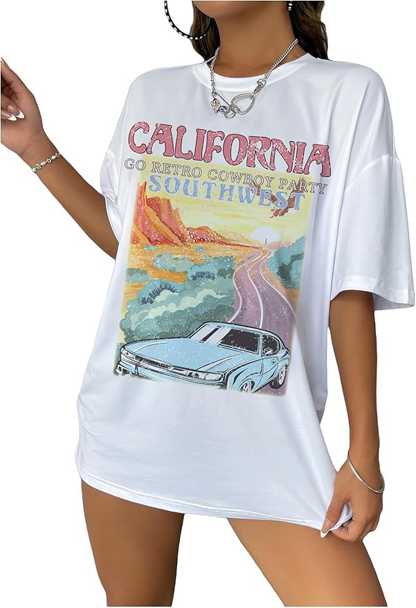 COZYEASE Women's Oversized Graphic Tees Short Sleeve Crewneck T Shirt Loose Tee Shirts Tops | Amazon (US)