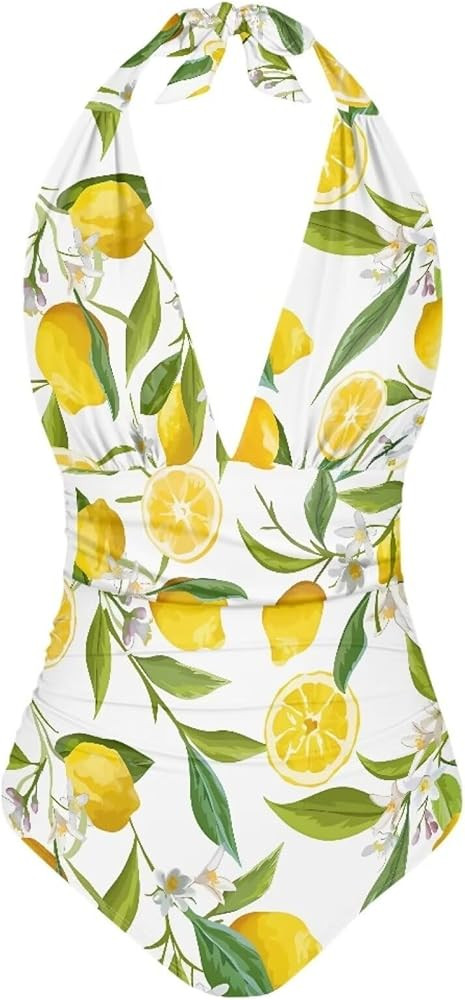 Biyejit Women One Piece Swimsuit V Neck Halter Ruched High Waist Tummy Control Backless Bathing S... | Amazon (US)