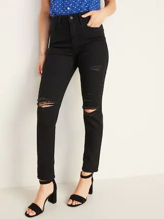 High-Waisted Distressed Power Slim Straight Black Jeans For Women | Old Navy (US)