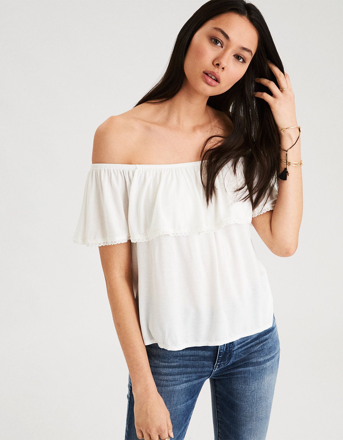 AE Soft & Sexy Off-The-Shoulder Lace Trim T-Shirt , Natural White | American Eagle Outfitters (US & CA)