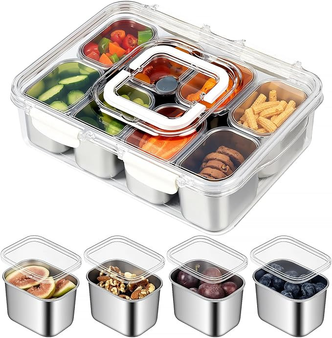 Snackle Box Container, Stainless Steel Divided Serving Tray with Lid and Handle, 8 Compartment Po... | Amazon (US)
