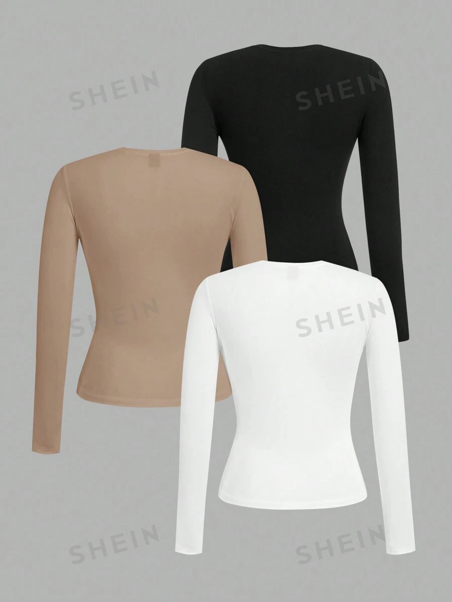 SHEIN EZwear 3pcs/Set Women's Black, White & Khaki Color Block Round Neck Long Sleeve Fitted T-Sh... | SHEIN