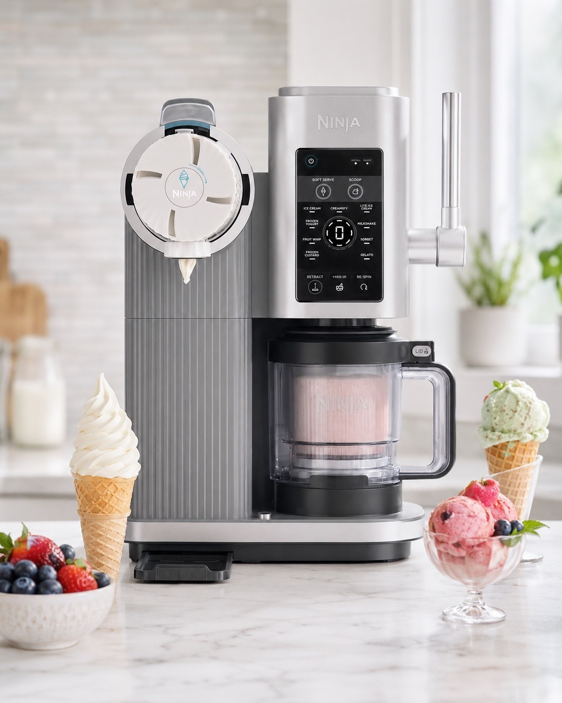 Ninja Creami Swirl soft serve ice cream maker. It turns a frozen pint into soft serve, gelato, sorbet, frozen yogurt, milkshakes, or protein ice cream in about a minute, which has made it the most requested thing in our kitchen this summer. We prep pints the night before and the boys pull their own cones. Easy homemade dessert for kids, and it has not moved off the counter since it arrived.

#LTKHome