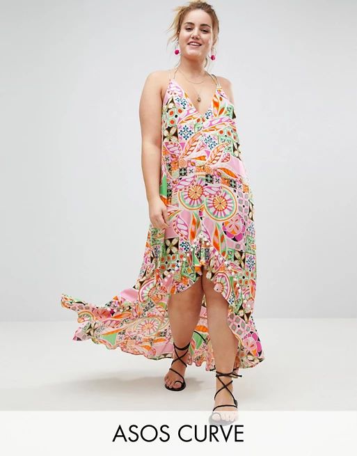 ASOS CURVE New Retro Print Pom Pom Trim High Low Hem Maxi Beach Dress | ASOS US