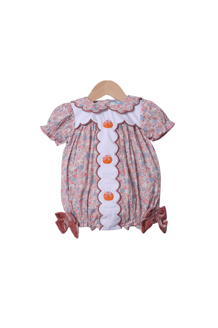 Hand Embroidered Floral Pink Bow Pumpkin Bubble | The Smocked Flamingo